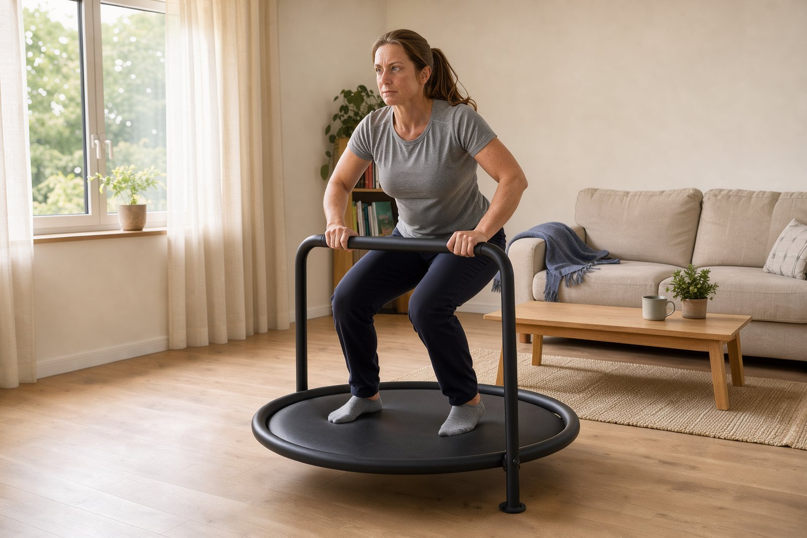 Symbolbild für leichtes Training auf einem Fitness-Trampolin im Wohnzimmer