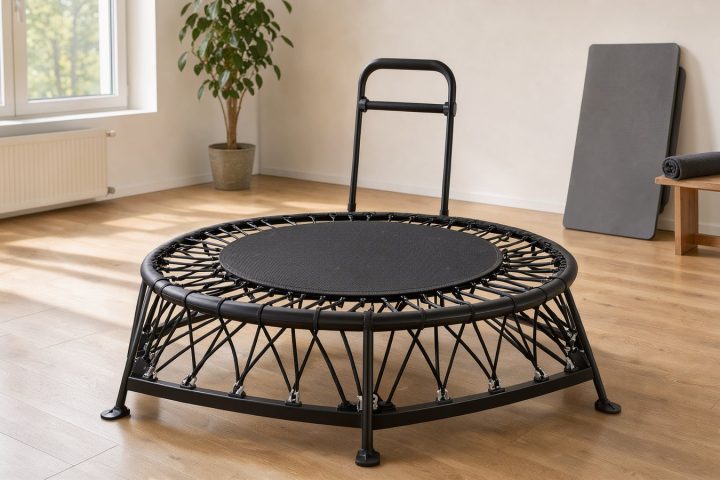 Symbolbild eines runden Fitness-Trampolins mit Bungee-Seilen und Haltegriff