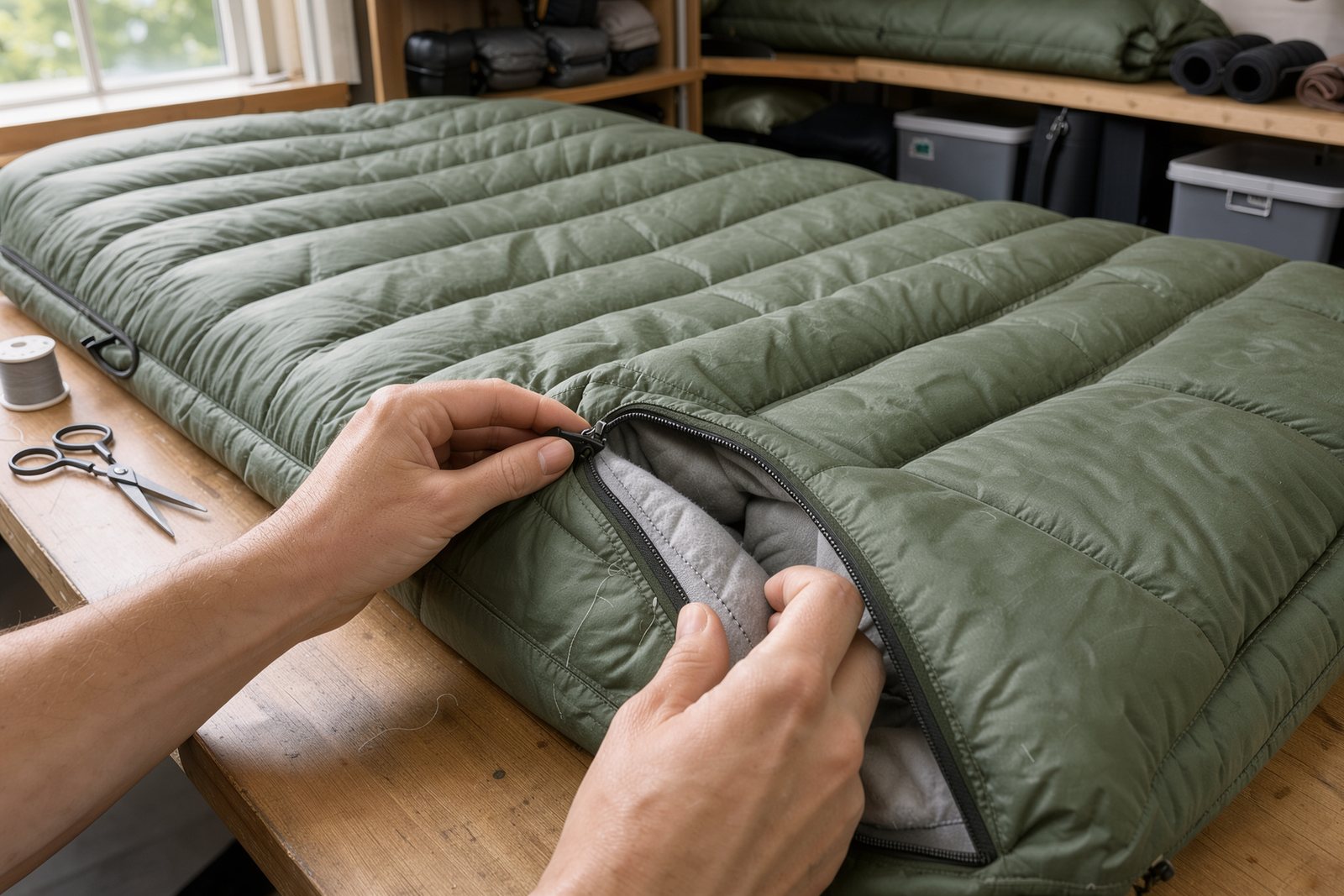 Symbolbild einer Kontrolle von Reißverschluss und Nähten am Campingschlafsack