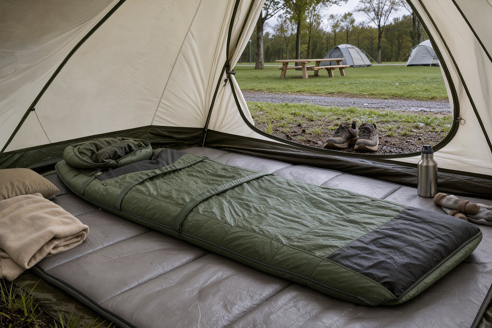 Symbolbild eines geräumigen Deckenschlafsacks auf einer Isomatte im Campingzelt