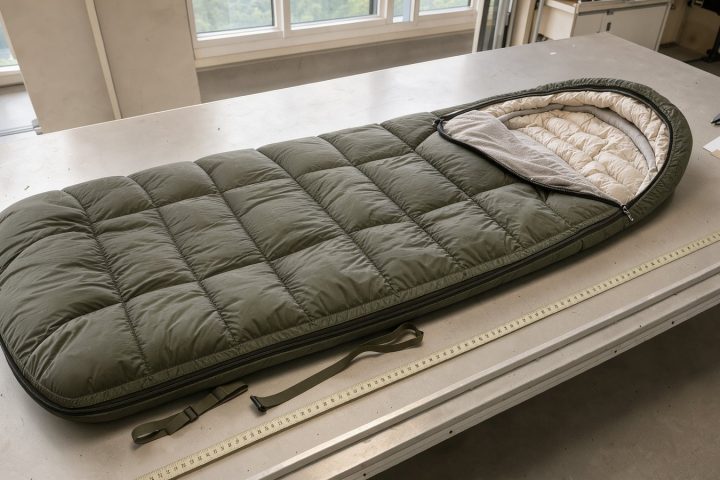 Symbolbild eines breiten Deckenschlafsacks mit Maßband auf einem Prüftisch