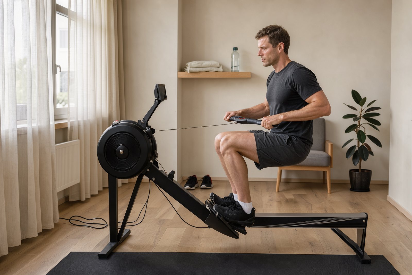 Symbolbild einer Trainingseinheit auf einem Luft-Rudergerät im Wohnbereich