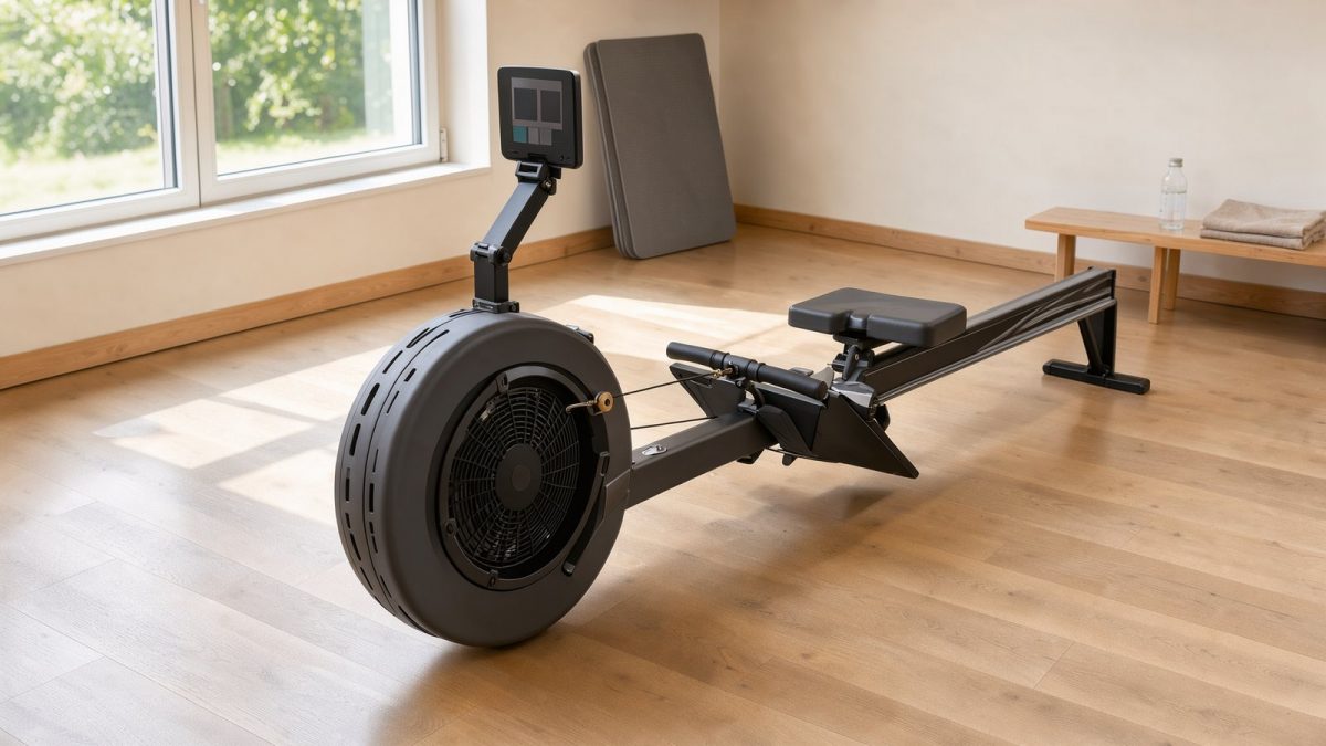 Symbolbild eines Luft-Rudergeräts mit langer Sitzschiene im hellen Trainingsraum
