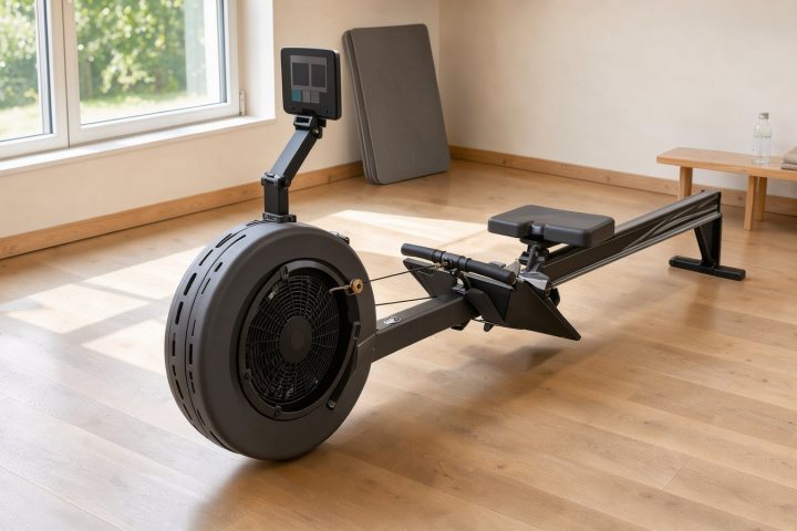 Symbolbild eines Luft-Rudergeräts mit langer Sitzschiene im hellen Trainingsraum