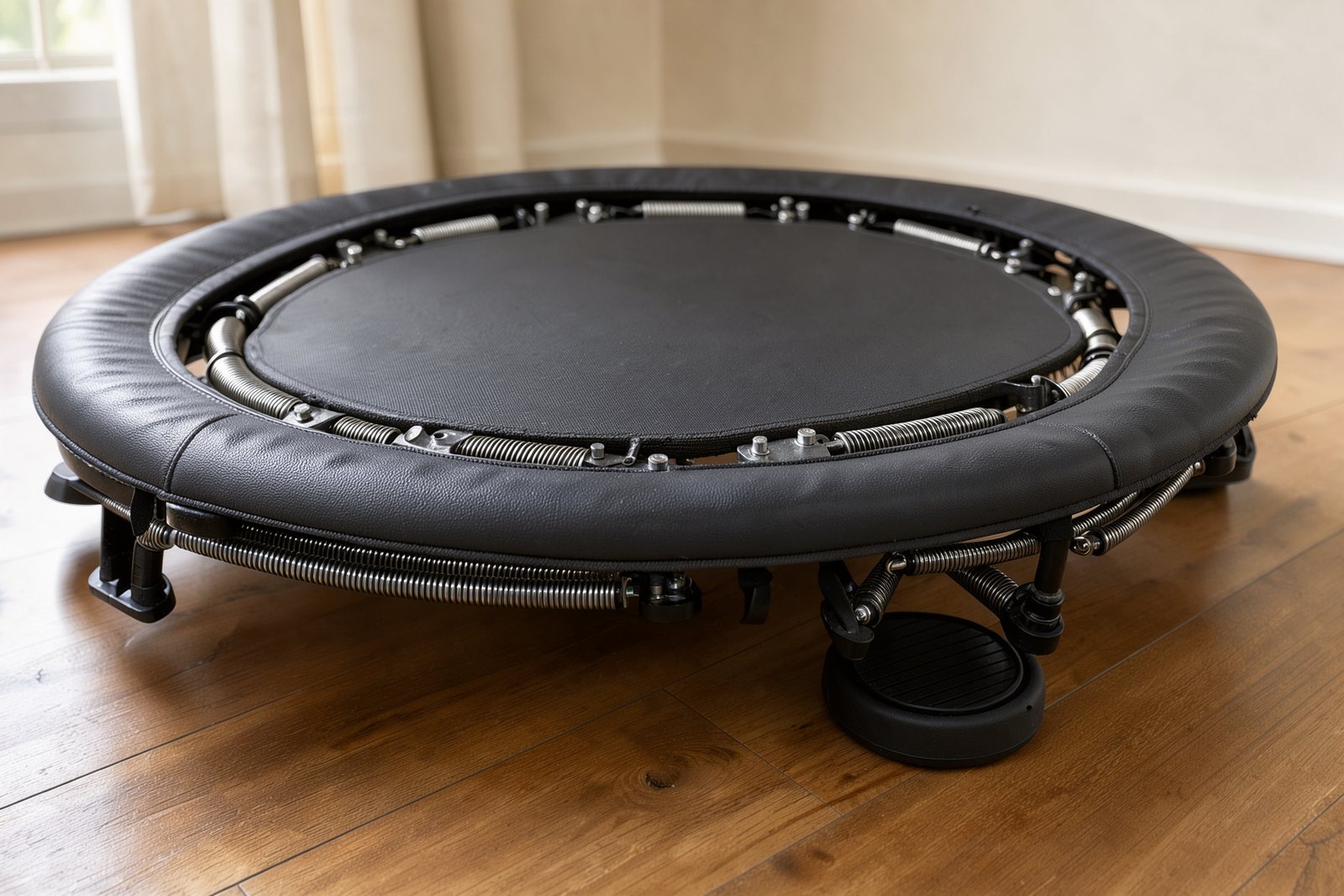 Detailansicht von Federaufhängung, Randabdeckung und Standfuß eines Fitness-Trampolins