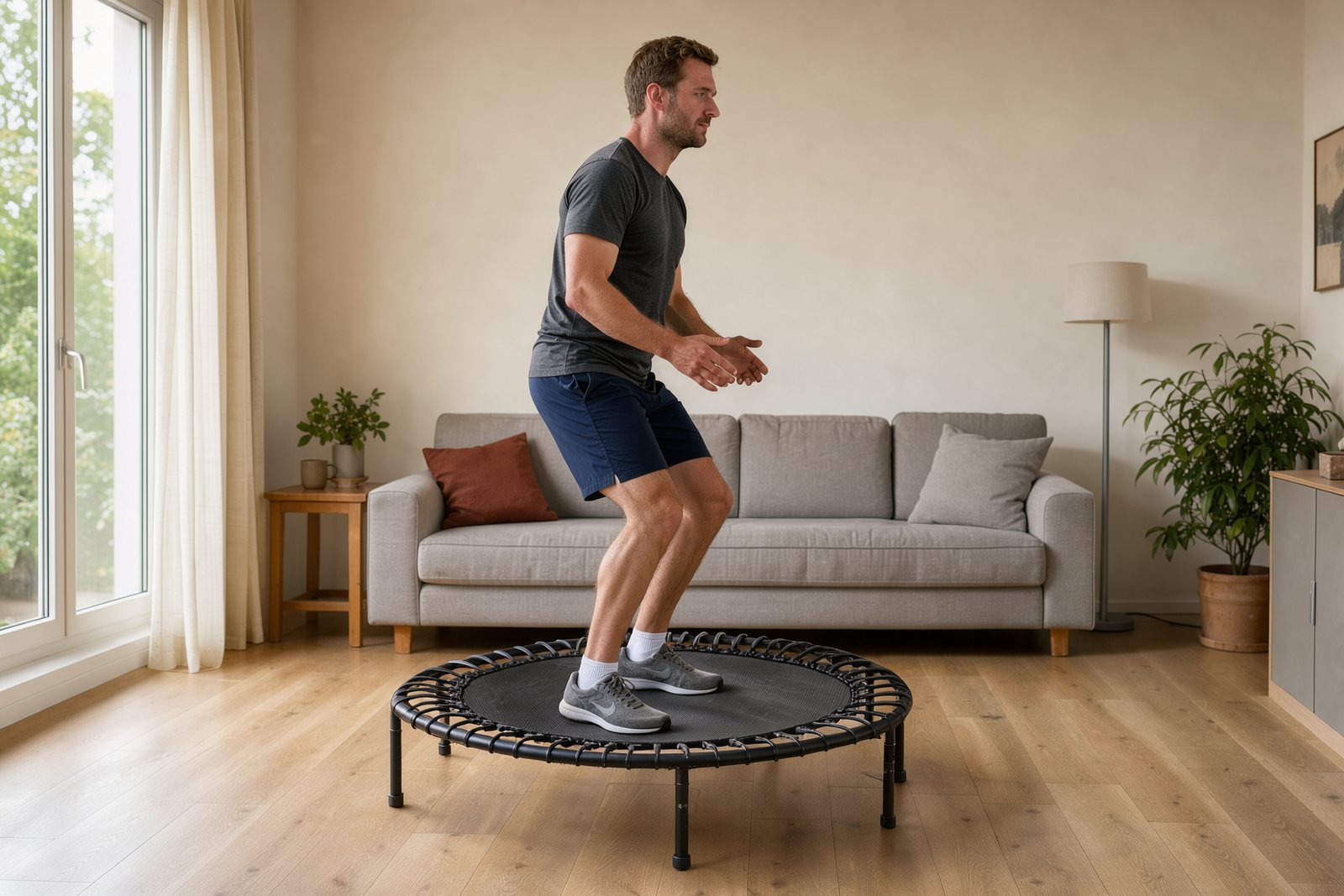 Kontrolliertes Training auf einem kompakten Fitness-Trampolin im Wohnzimmer