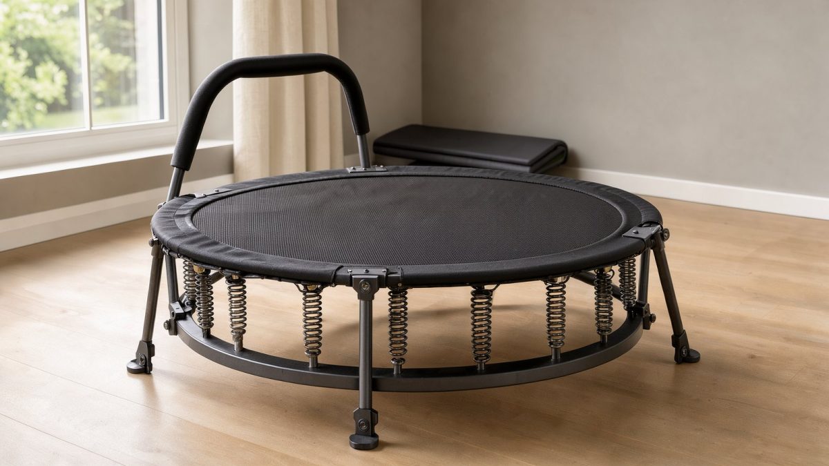 Kompaktes Fitness-Trampolin mit Stahlfedern und Haltebügel in einem hellen Trainingsraum