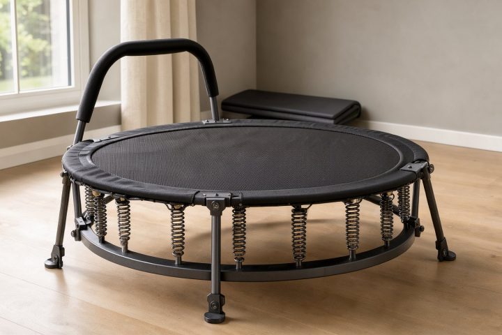 Kompaktes Fitness-Trampolin mit Stahlfedern und Haltebügel in einem hellen Trainingsraum
