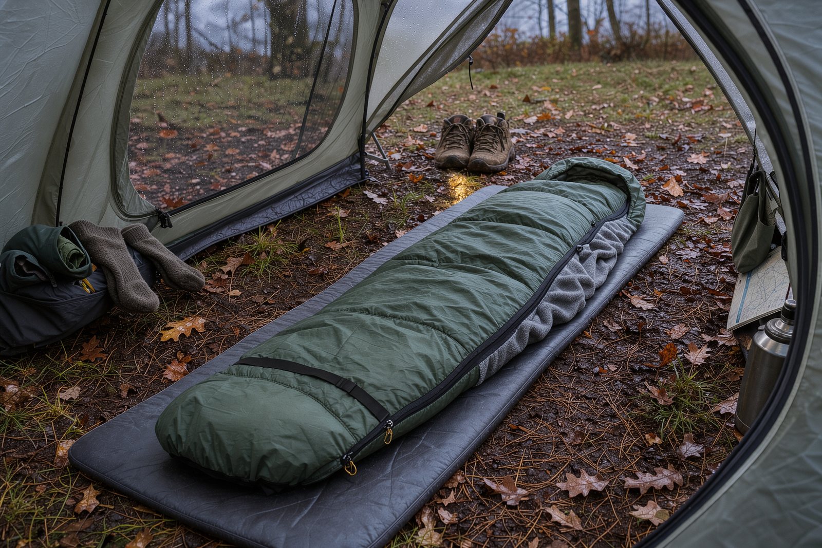 Symbolbild eines Mumienschlafsacks auf einer Isomatte im Campingzelt