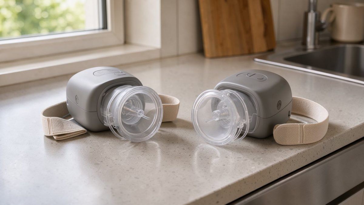 Illustration zweier tragbarer elektrischer Milchpumpen auf einer Küchenarbeitsplatte