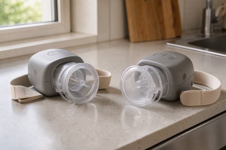 Illustration zweier tragbarer elektrischer Milchpumpen auf einer Küchenarbeitsplatte