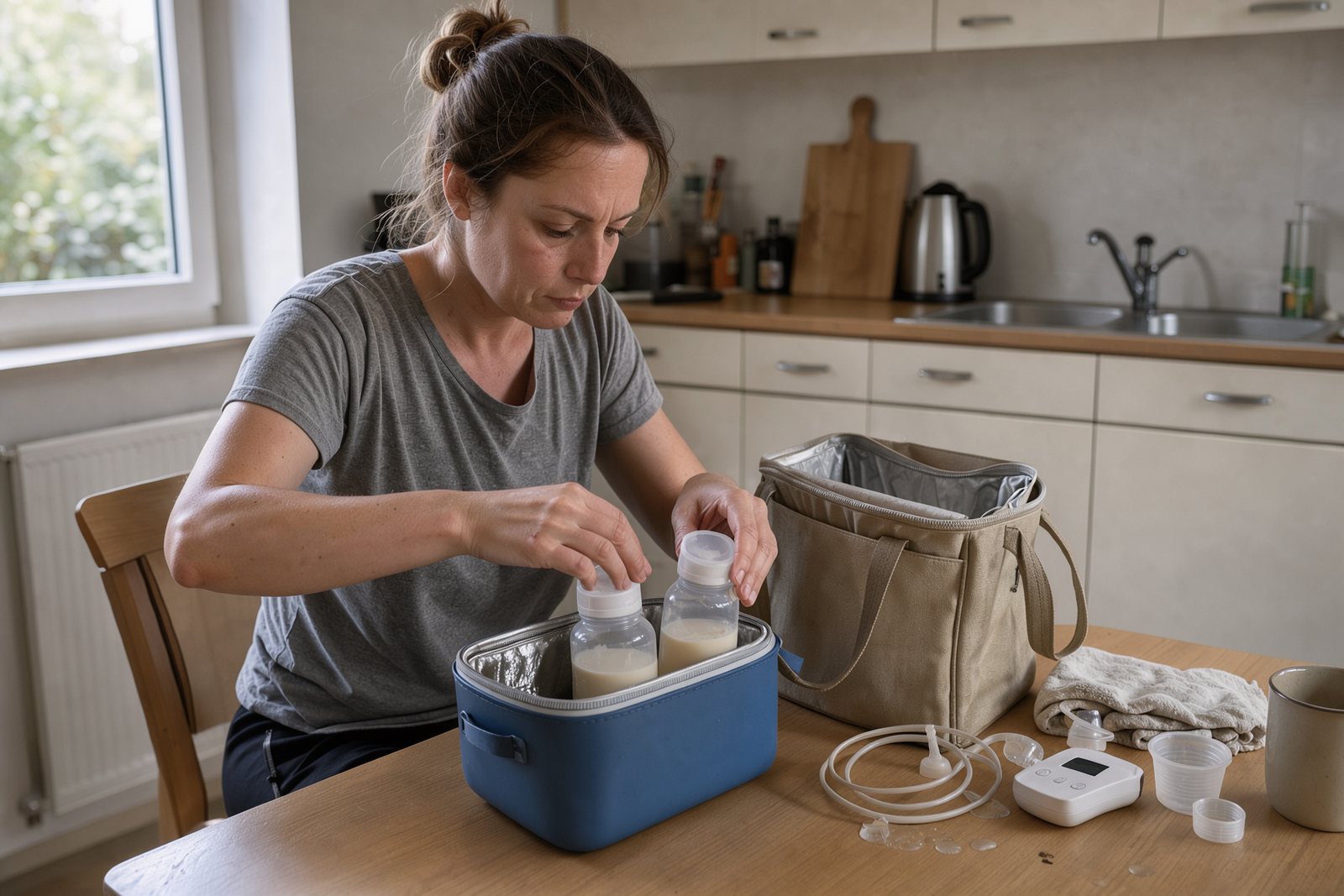 Symbolbild eines Kühlbehälters für Muttermilch beim Packen einer Arbeitstasche