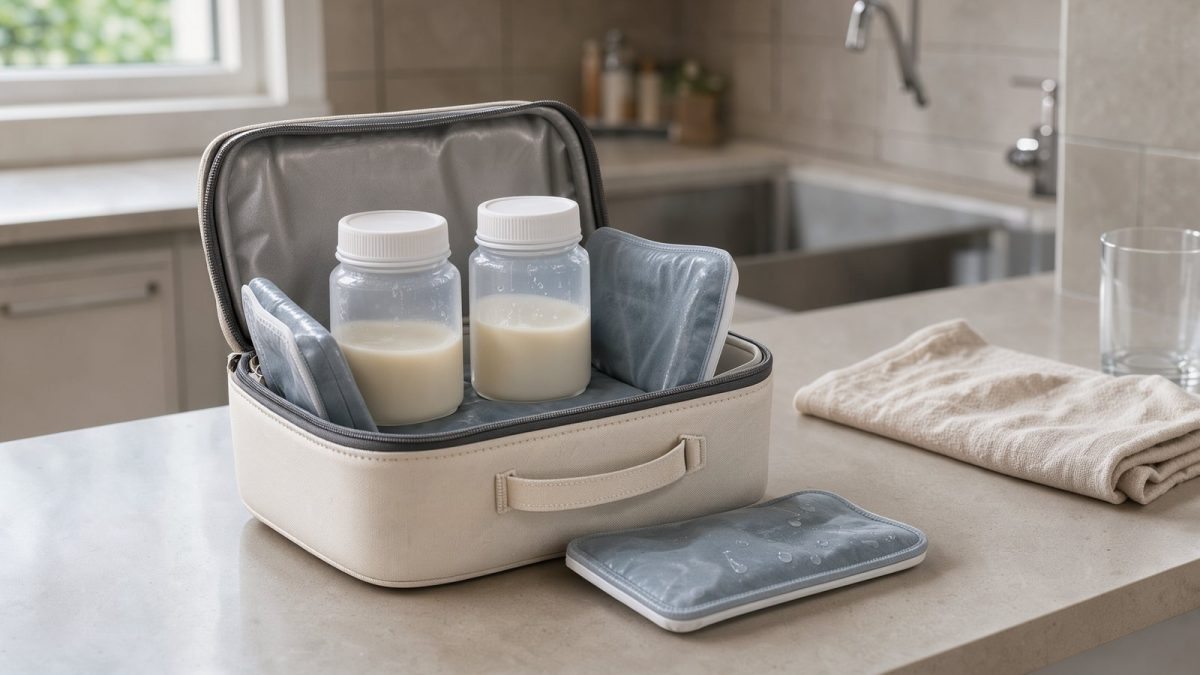 Symbolbild einer isolierten Muttermilch-Kühlflasche mit zwei Flaschen und Kühlakkus