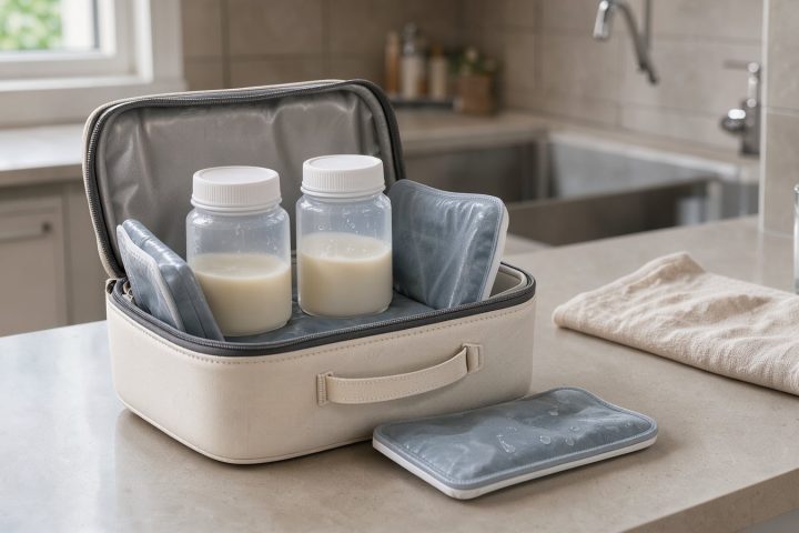 Symbolbild einer isolierten Muttermilch-Kühlflasche mit zwei Flaschen und Kühlakkus