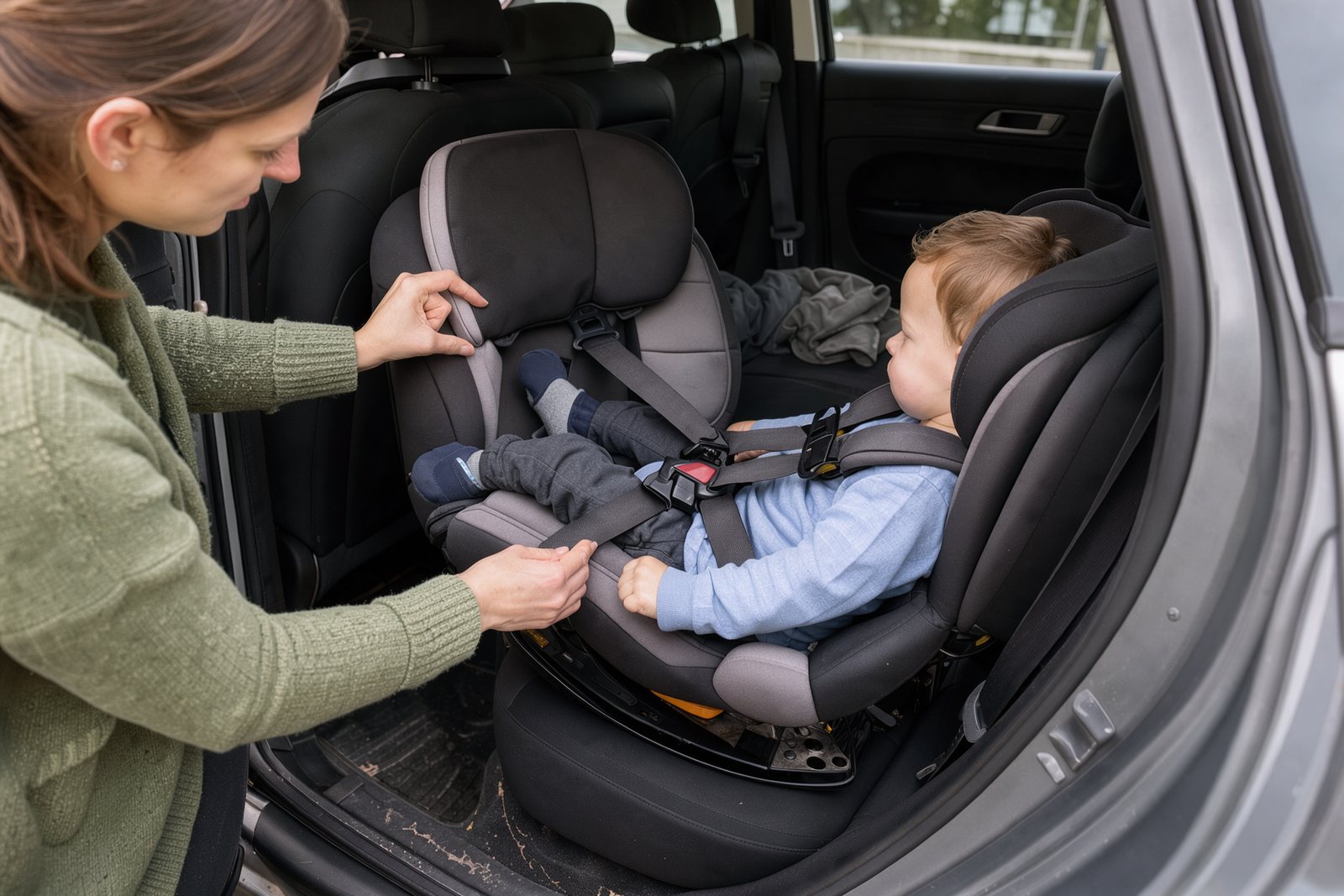 Symbolbild einer Gurtkontrolle am rückwärtsgerichteten Kindersitz im geparkten Auto