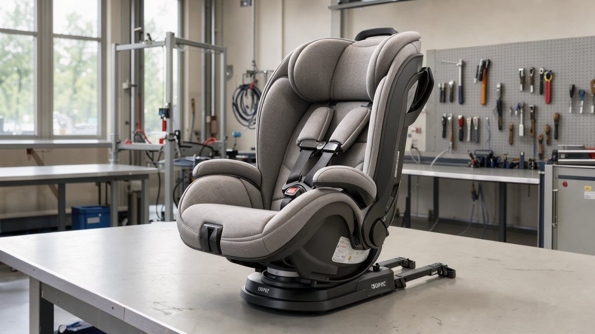 Illustration eines drehbaren Kindersitzes mit ISOFIX-Basis auf einer Werkbank