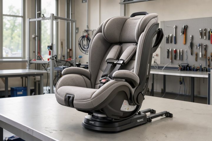 Illustration eines drehbaren Kindersitzes mit ISOFIX-Basis auf einer Werkbank
