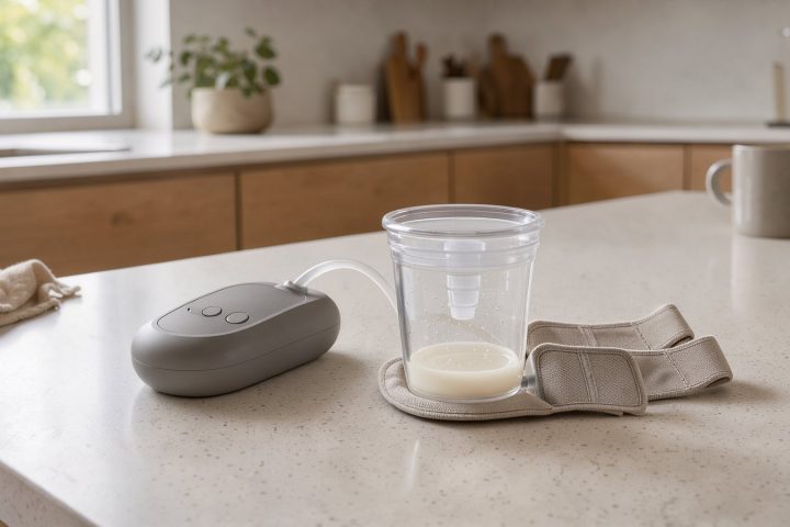 Symbolbild einer tragbaren elektrischen Milchpumpe auf einer Küchenarbeitsplatte