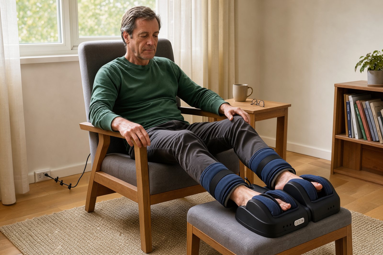 Symbolbild einer sitzenden Person bei der Anwendung eines Fuß- und Wadenmassagegeräts