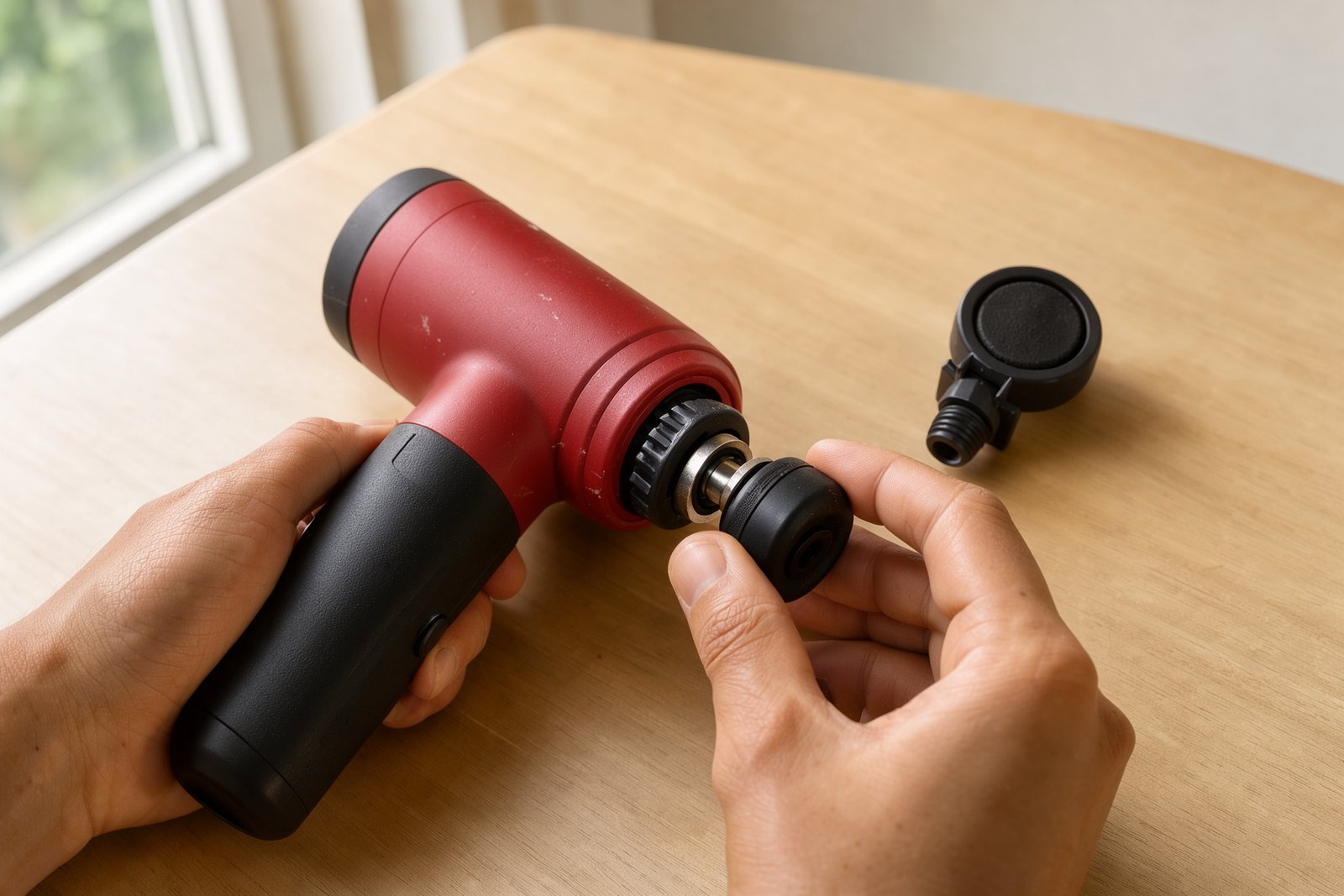 Illustrative Detailaufnahme von Griff und Aufsatzaufnahme einer Mini-Massagepistole
